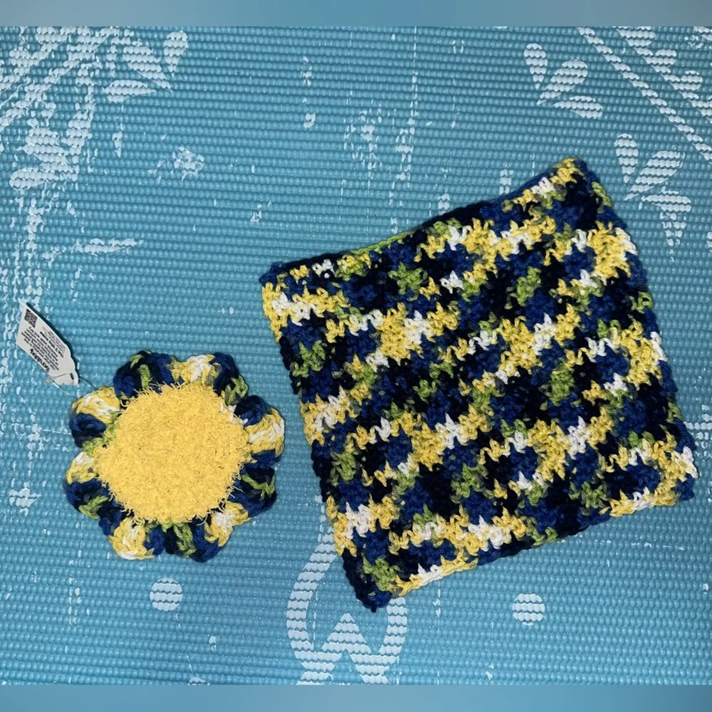 Yellow and Dark Blue Handmade Cotton Multi Use Washcloth Set